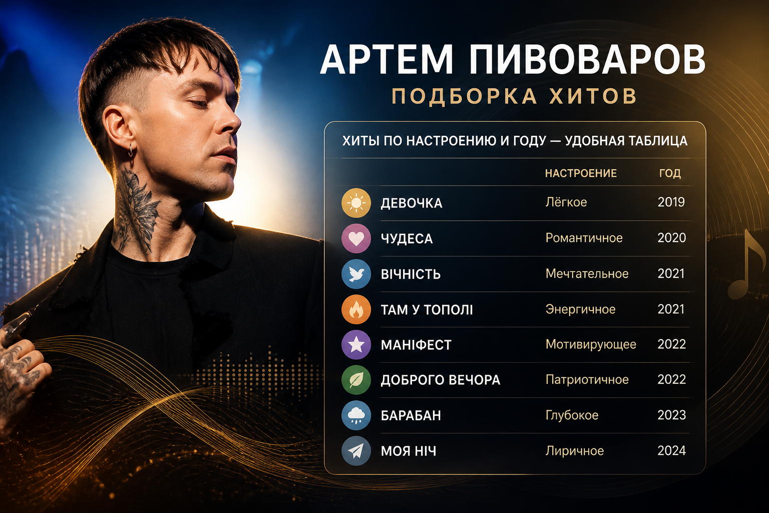 Хиты по настроению и году — удобная таблица — иллюстрация к статье «Артем Пивоваров подборка хитов»