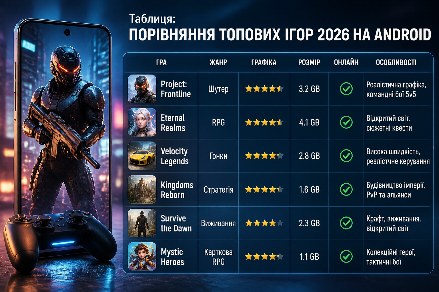 Таблиця: порівняння топових ігор 2026 на Android — иллюстрация к статье «игры 2026 на андроид»